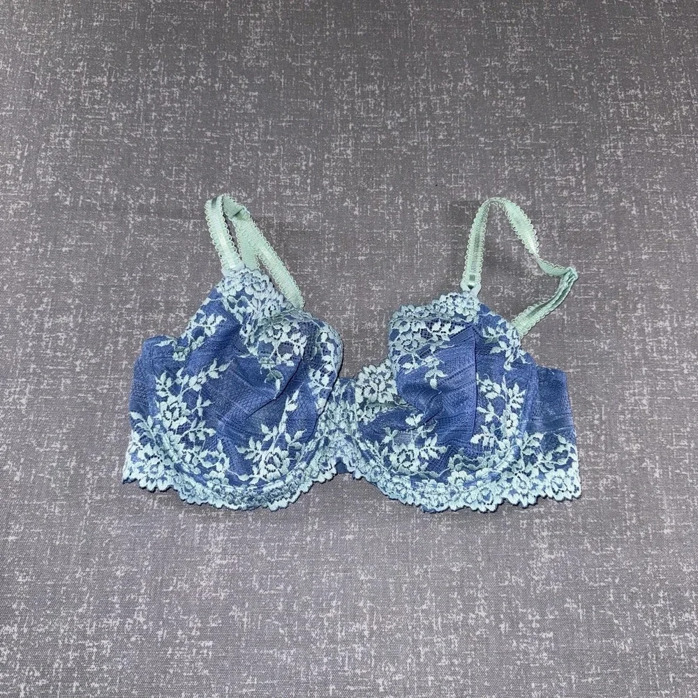 Wacoal Bra Womens 34D Blue Lace Balconette Underwire Unlined Sheer Floral 65191